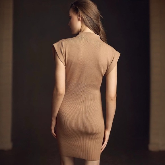 ANTHROPOLOGIE NWOT Tan‎ Knit Mock Neck Mini Dress, XS - Picture 3 of 10